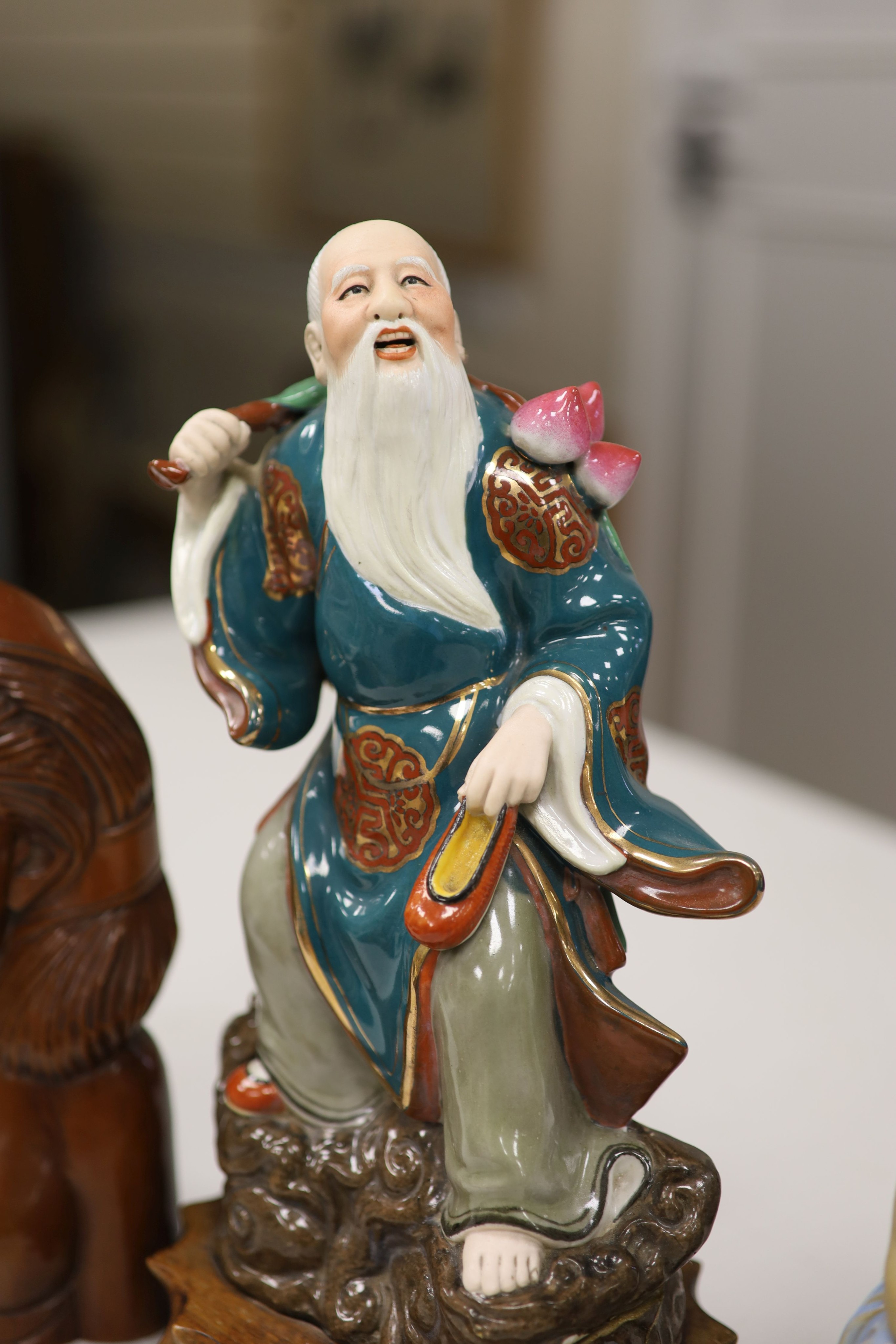 A 20th century Chinese glazed stoneware figure and sundry items, tallest 38cm